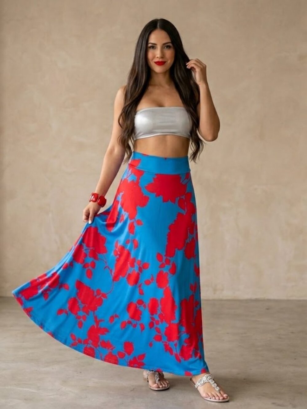 Unique Sky Blue + Red Flowy Long Maxi Skirt - NWOT